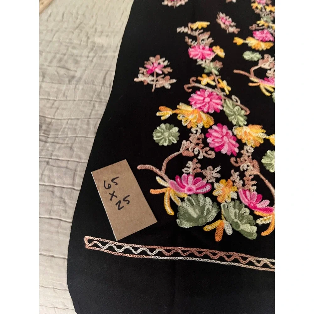 Pashmina 100% Cashmere Floral Embroidered Shawl Rebozo Black Fringe Wrap 65x25